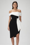 Robe de cocktail courte moulante ivoire et noire à volants