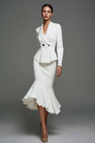 Robe blazer mi-longue à volants à revers crantés ivoire