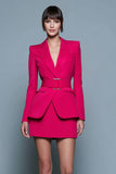 2 pièces fuchsia pointe revers crayon court costumes d’affaires avec ceinture