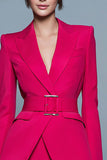 2 pièces fuchsia pointe revers crayon court costumes d’affaires avec ceinture