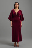 Robe longue de fête de Noël en velours bordeaux à col en V avec manches 3/4