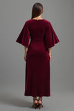 Robe longue de fête de Noël en velours bordeaux à col en V avec manches 3/4