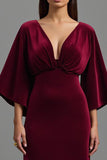 Robe longue de fête de Noël en velours bordeaux à col en V avec manches 3/4