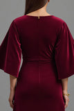Robe longue de fête de Noël en velours bordeaux à col en V avec manches 3/4
