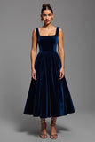 Robe de soirée de vacances longue en velours bleu marine à col carré