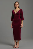 Robe longue de soirée des Fêtes en velours bordeaux à col en V à manches 3/4