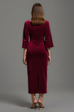 Robe longue de soirée des Fêtes en velours bordeaux à col en V à manches 3/4