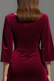 Robe longue de soirée des Fêtes en velours bordeaux à col en V à manches 3/4