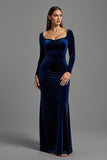 Robe formelle à manches longues fourreau en velours bleu marine