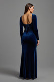 Robe formelle à manches longues fourreau en velours bleu marine