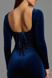 Robe formelle à manches longues fourreau en velours bleu marine