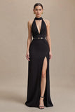 Robe longue formelle noire à col haut avec fente