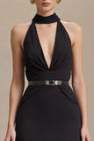 Robe longue formelle noire à col haut avec fente
