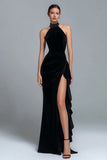 Robe formelle noire à col haut en velours avec fente