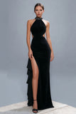 Robe formelle à col haut fourreau noir évidée avec fente