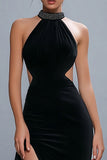 Robe formelle à col haut fourreau noir évidée avec fente