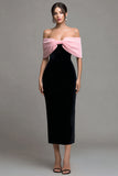 Robe formelle mi-longue moulante noire rose à épaules dénudées avec nœud papillon