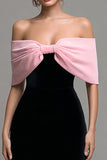 Robe formelle mi-longue moulante noire rose à épaules dénudées avec nœud papillon