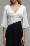 Noir Blanc Mousseline Plissée Une Ligne Col V Robe Formelle