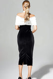 Robe formelle midi en velours blanc noir à épaules dénudées