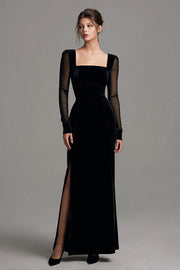 Robe formelle noire en velours à longues fentes avec manches longues