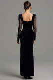 Robe formelle noire en velours à longues fentes avec manches longues