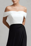 Robe formelle en satin noir blanc à épaules dénudées avec fente