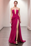 Robe de soirée bustier froncée rose avec fente