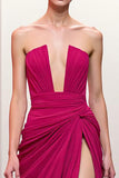 Robe de soirée bustier froncée rose avec fente