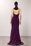 Robe de soirée longue longue fourreau froncé à col en V violet avec fente