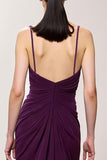 Robe de soirée longue longue fourreau froncé à col en V violet avec fente