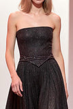 Robe de soirée longue trapèze noire scintillante