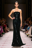 Robe de soirée sirène sans bretelles à paillettes noires scintillantes