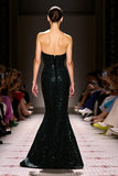 Robe de soirée sirène sans bretelles à paillettes noires scintillantes