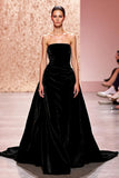 Simple Velvet Noir Sans Bretelles Une Ligne Longue Robe de Soirée