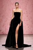 Simple Black A Line Velvet Robe de soirée longue sans bretelles avec fente
