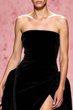 Simple Black A Line Velvet Robe de soirée longue sans bretelles avec fente
