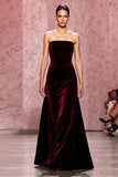 Robe de soirée longue bustier en velours rouge foncé