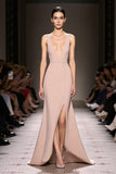Robe de soirée trapèze en satin champagne à col en V avec fente