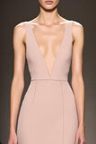 Robe de soirée trapèze en satin champagne à col en V avec fente