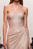 Robe de soirée trapèze à bretelles champagne à sequins avec fente