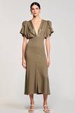 Robe midi à col en V olive avec paillettes