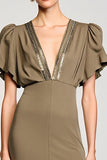 Robe midi à col en V olive avec paillettes