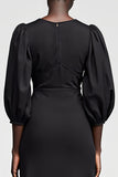 Noir A ligne 3/4 manches longues robe avec pompon