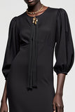 Noir A ligne 3/4 manches longues robe avec pompon