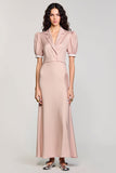 Robe dos nu à revers cranté rose avec manches bouffantes