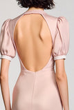 Robe dos nu à revers cranté rose avec manches bouffantes