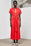 Ceinture à revers rouge Longueur thé Robe à manches courtes