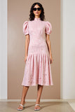 Floral Rose Col Haut Une Ligne Midi Robe avec manches bouffantes
