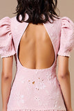 Floral Rose Col Haut Une Ligne Midi Robe avec manches bouffantes